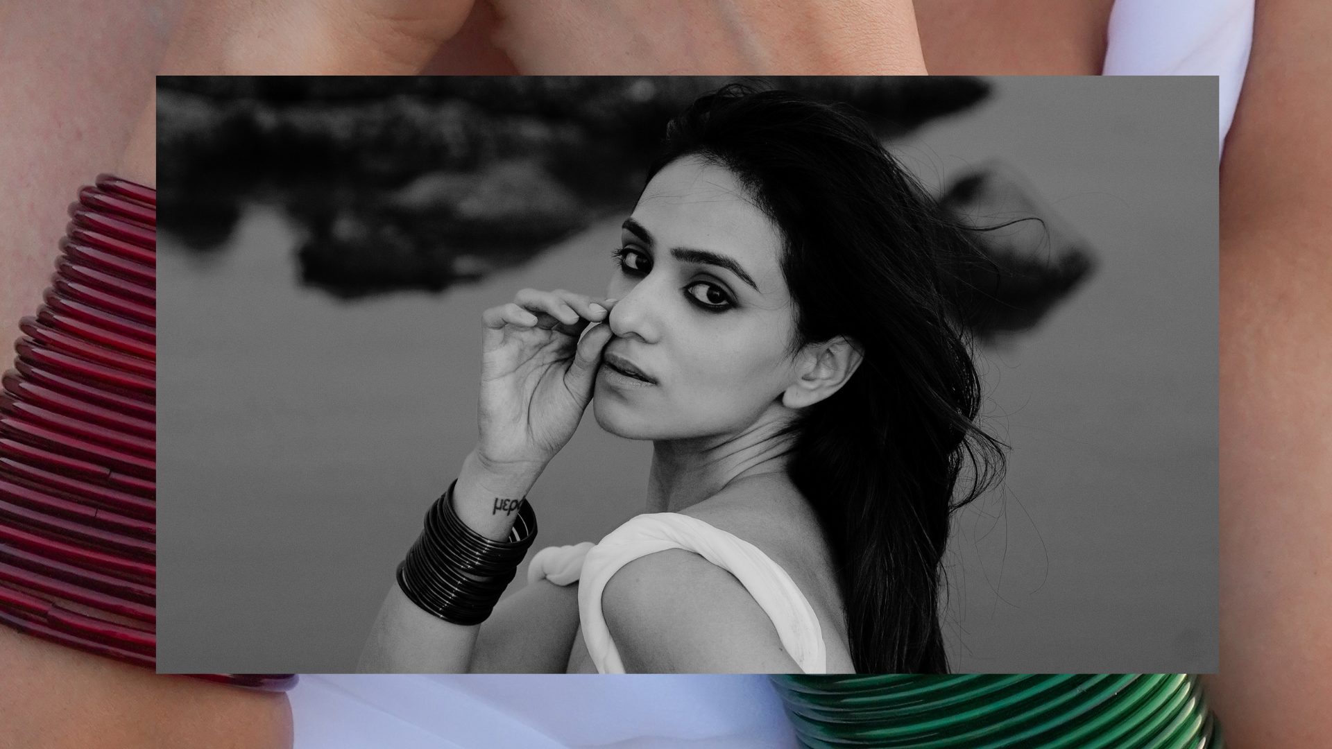Siffaat Gandhi — composite editorial, monochrome portrait framed by saturated bangles